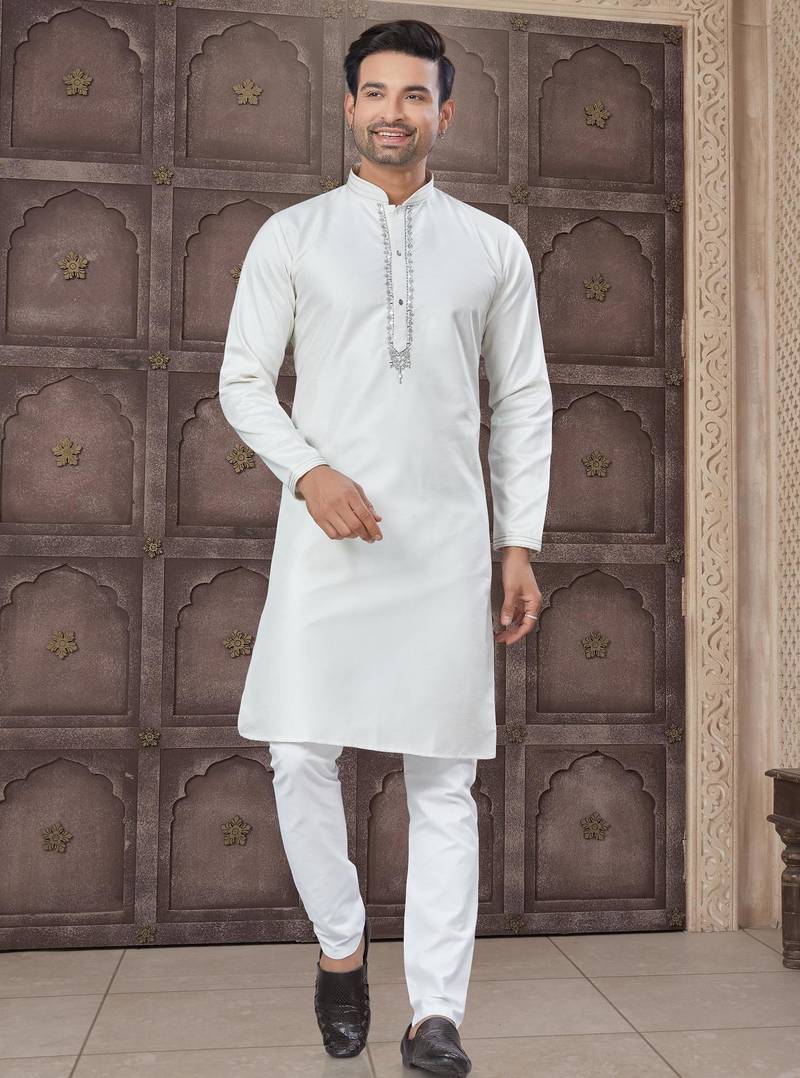 White colour pure cotton with embroidery and pintex work kurta pajama mens wear