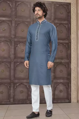 Grey colour pure cotton with embroidery and pintex work kurta pajama mens wear