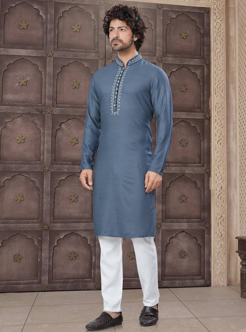 Grey colour pure cotton with embroidery and pintex work kurta pajama mens wear