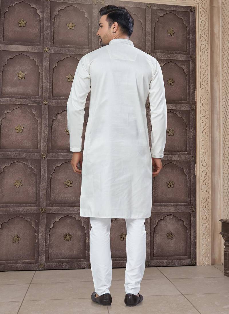 White colour pure cotton with embroidery and pintex work kurta pajama mens wear
