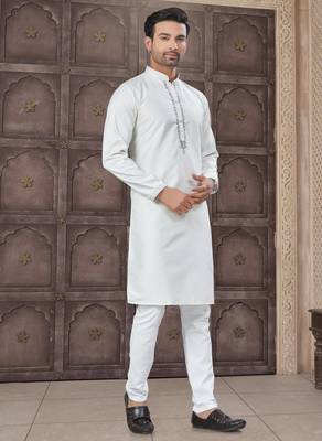 White colour pure cotton with embroidery and pintex work kurta pajama mens wear 3