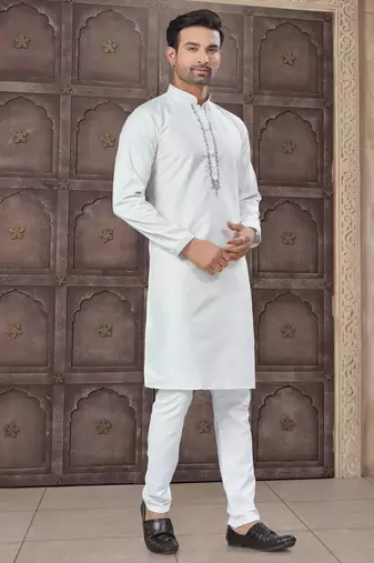White colour pure cotton with embroidery and pintex work kurta pajama mens wear