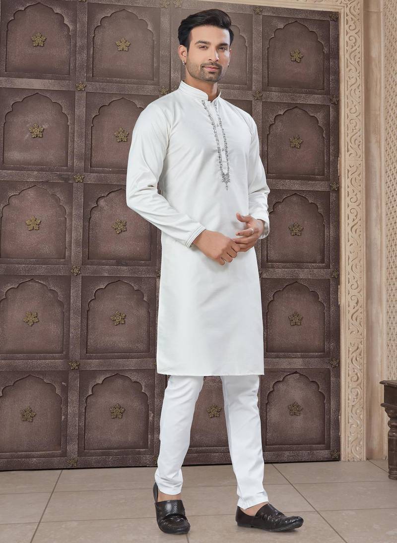 White colour pure cotton with embroidery and pintex work kurta pajama mens wear