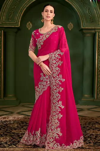 red shining silk blend georgette saree with georgette work blouse 