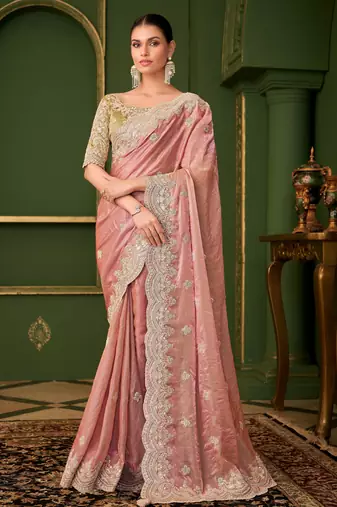 peach satin georgette silk blend saree with tussar silk blend blouse 