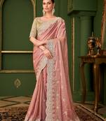 peach satin georgette silk blend saree with tussar silk blend blouse 