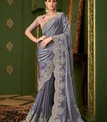 grey satin georgette silk blend saree with tussar silk blend blouse 