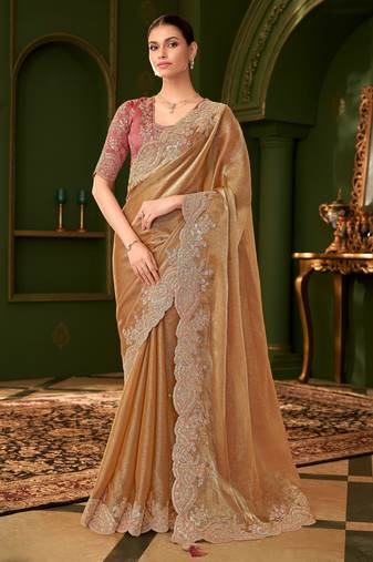 gold satin chiffon silk blend saree with tussar silk blend blouse 
