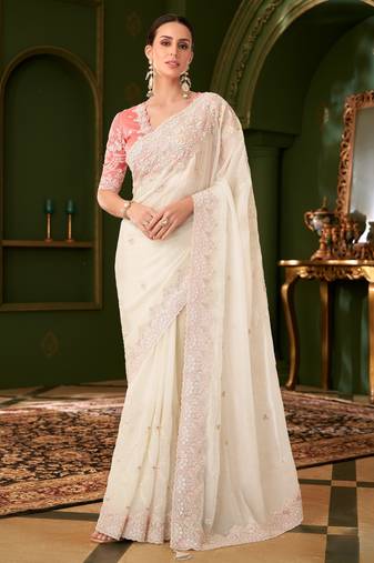 powder white georgette silk blend saree with tussar silk blend blouse 