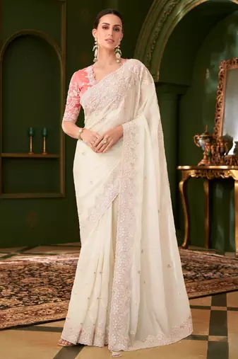 powder white georgette silk blend saree with tussar silk blend blouse 
