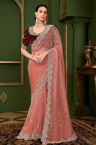 peach tissue georgette silk blend saree with velvet silk blend blouse 