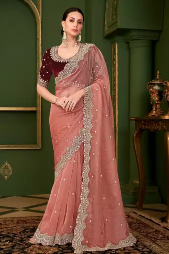 peach tissue georgette silk blend saree with velvet silk blend blouse 