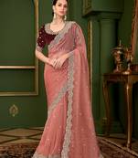 peach tissue georgette silk blend saree with velvet silk blend blouse 