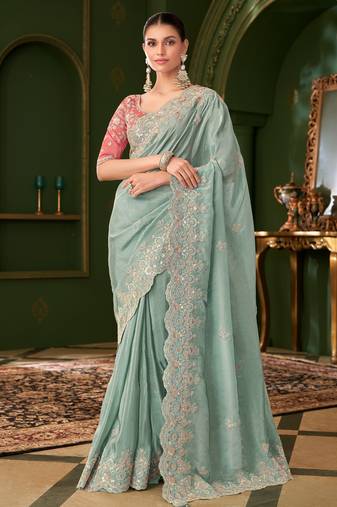sky blue pure viscose georgette saree with tussar silk blend blouse 