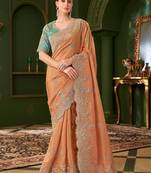 saffron viscose georgette silk blend saree with tussar silk blend blouse 