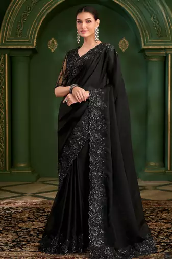 jet black satin georgette saree with satin work blouse 