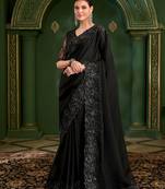 jet black satin georgette saree with satin work blouse 