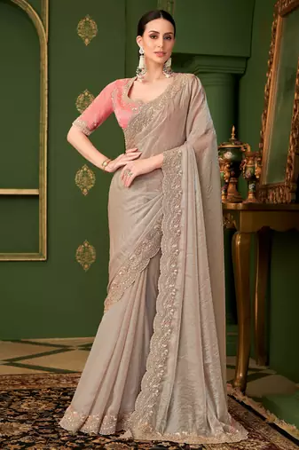 chikoo satin georgette silk blend saree with tussar silk blend blouse 