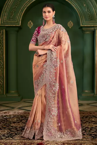 peach-orange georgette silk blend saree with tussar silk blend blouse 