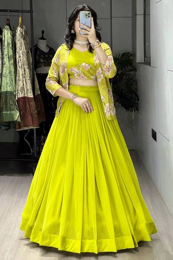 Parrot Color Plain Foil Work Heavy Gorgette  Lehenga Fully Stitched Blouse & Koti
