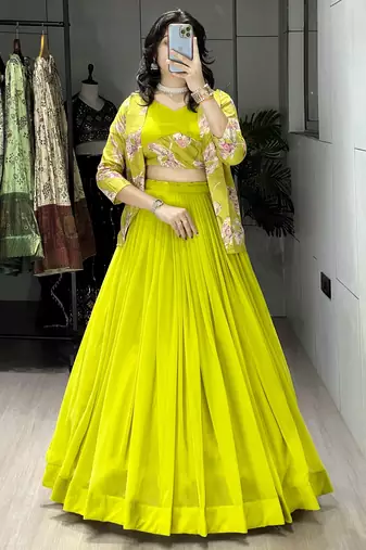 Parrot Color Plain Foil Work Heavy Gorgette  Lehenga Fully Stitched Blouse & Koti