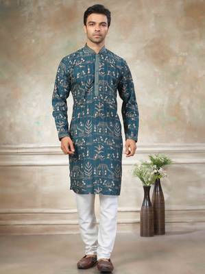 Teal colour cotton with embroidery work kurta pajama menswear collection 1