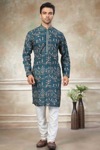 Teal colour cotton with embroidery work kurta pajama menswear collection
