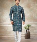 Teal colour cotton with embroidery work kurta pajama menswear collection