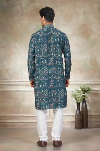 Teal colour cotton with embroidery work kurta pajama menswear collection