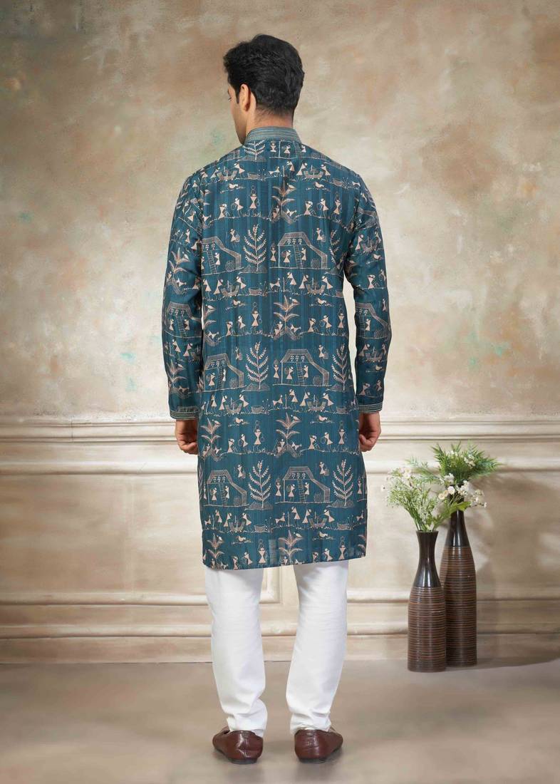 Teal colour cotton with embroidery work kurta pajama menswear collection