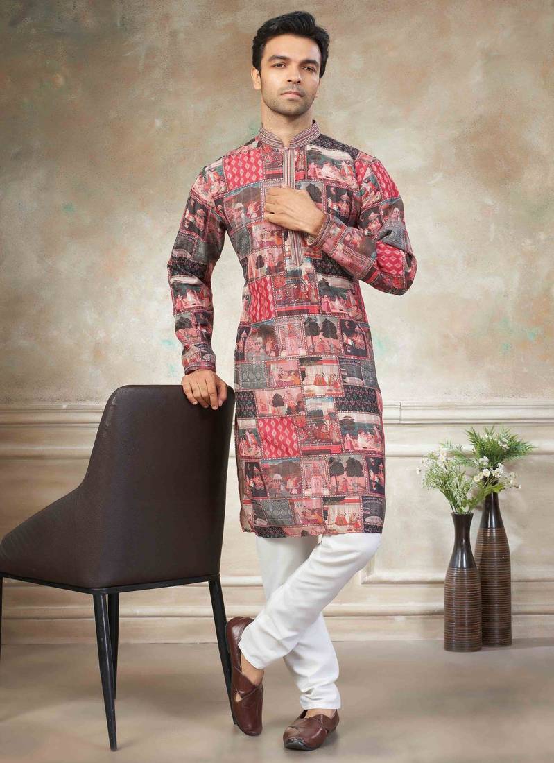 Pink colour cotton with embroidery work kurta pajama menswear collection