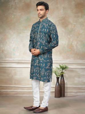 Teal colour cotton with embroidery work kurta pajama menswear collection 3