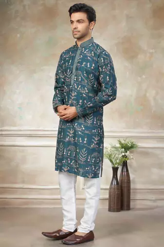 Teal colour cotton with embroidery work kurta pajama menswear collection