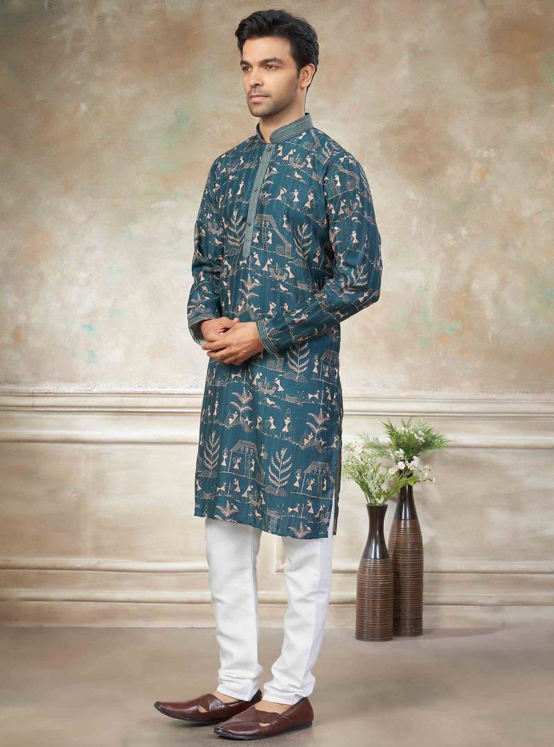 Teal colour cotton with embroidery work kurta pajama menswear collection