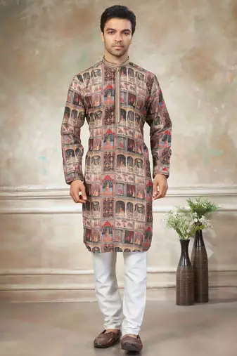 Brown colour cotton with embroidery work kurta pajama menswear collection