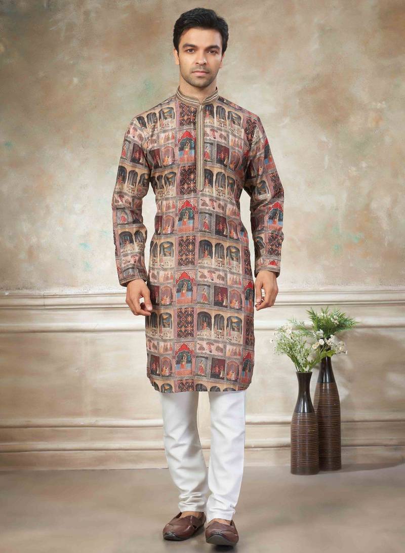 Brown colour cotton with embroidery work kurta pajama menswear collection