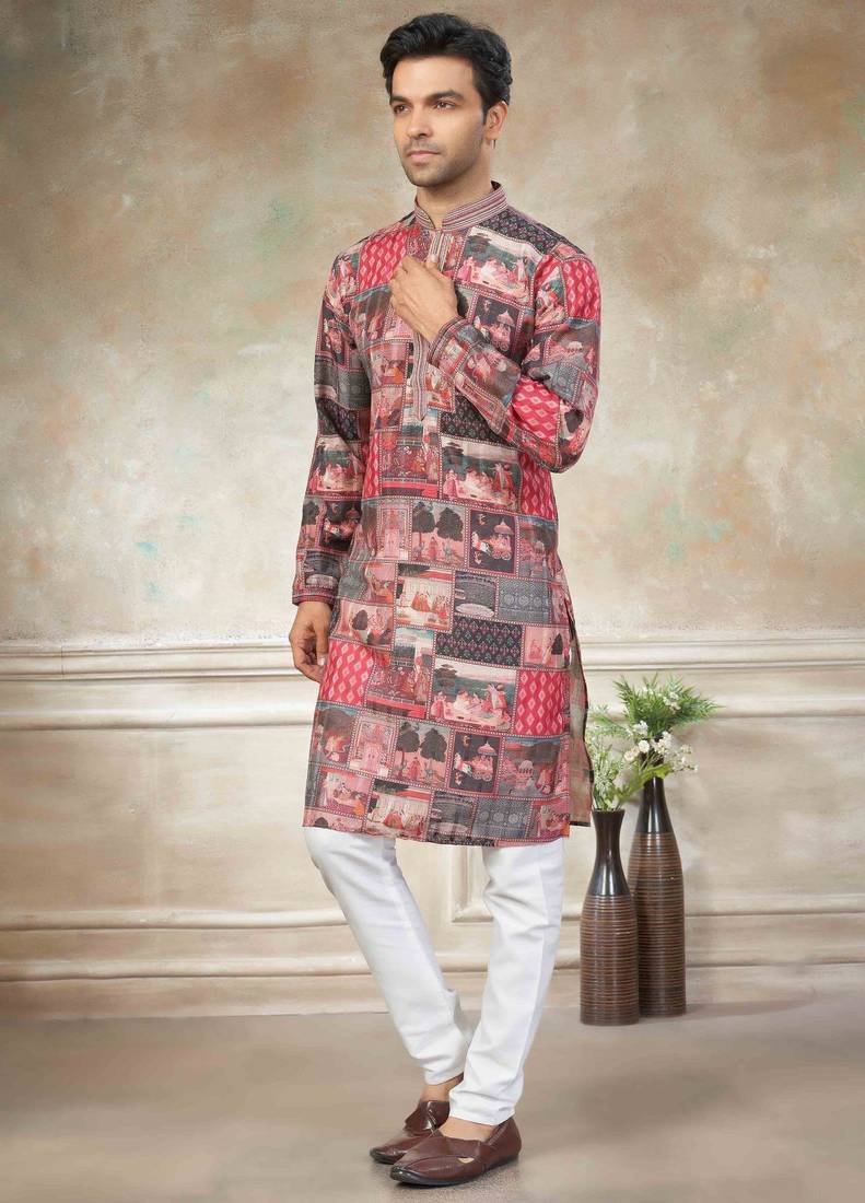 Pink colour cotton with embroidery work kurta pajama menswear collection