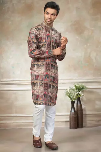 Brown colour cotton with embroidery work kurta pajama menswear collection