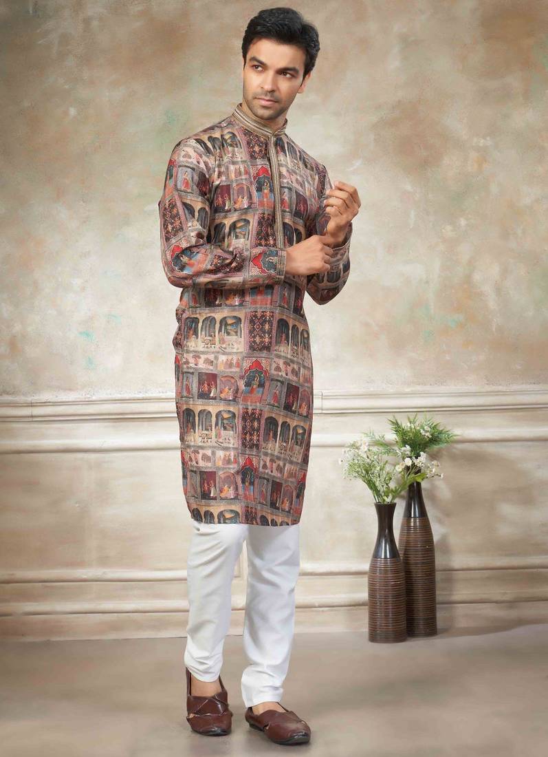 Brown colour cotton with embroidery work kurta pajama menswear collection