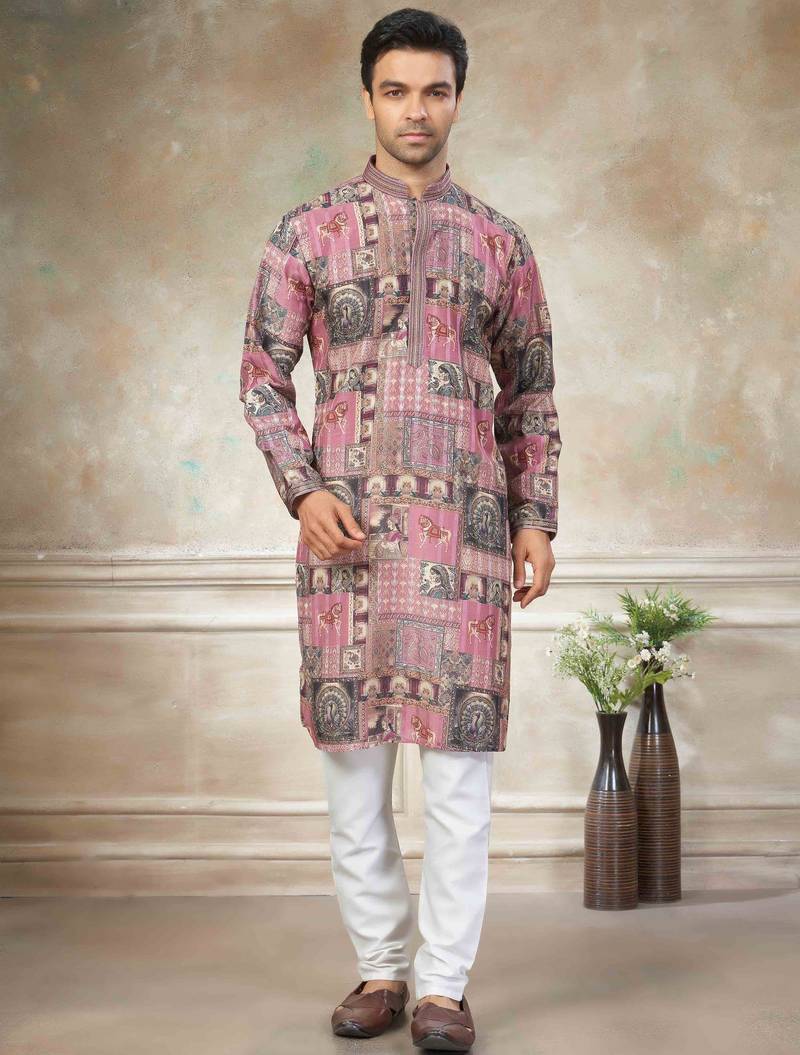 Pink colour cotton with embroidery work kurta pajama menswear collection