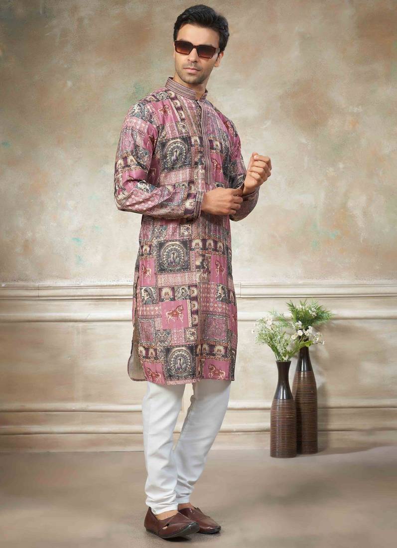 Pink colour cotton with embroidery work kurta pajama menswear collection