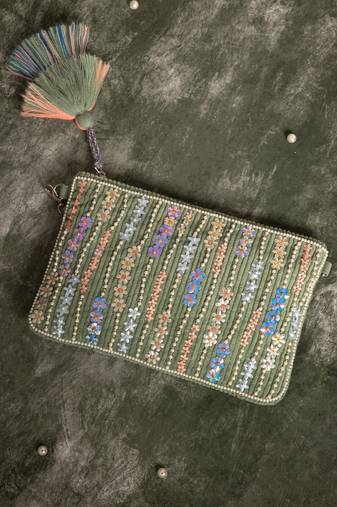 glid sage green & pastel multi corduroy floral sequined sling bag
