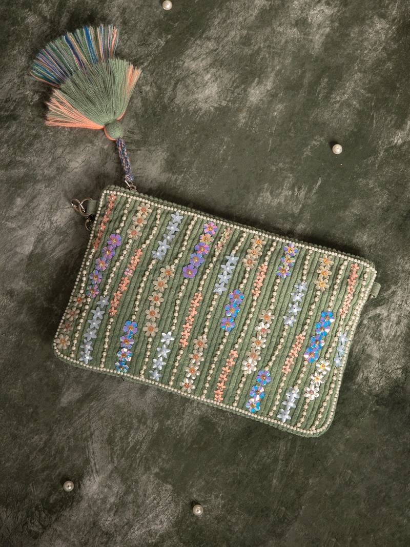 glid sage green & pastel multi corduroy floral sequined sling bag