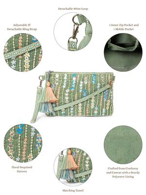 glid sage green & pastel multi corduroy floral sequined sling bag 4