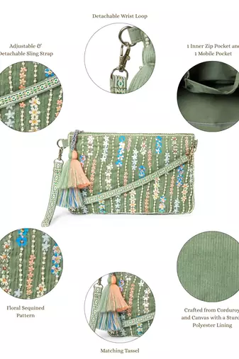 glid sage green & pastel multi corduroy floral sequined sling bag