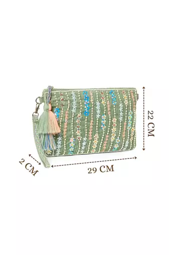 glid sage green & pastel multi corduroy floral sequined sling bag