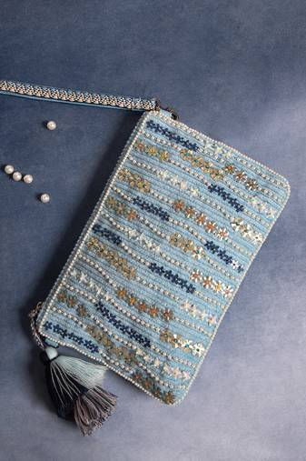 glid powdered blue & pastel multi corduroy floral sequined sling bag