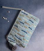 glid powdered blue & pastel multi corduroy floral sequined sling bag