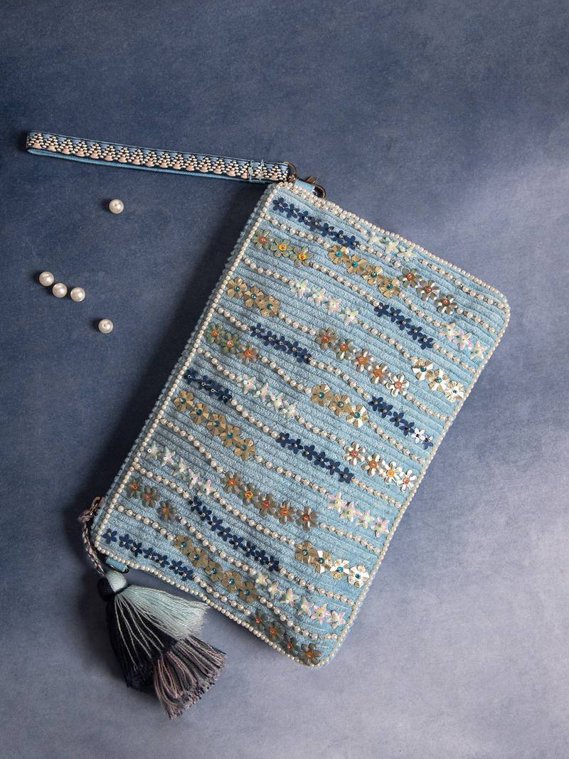 glid powdered blue & pastel multi corduroy floral sequined sling bag