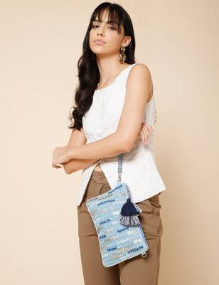 glid powdered blue & pastel multi corduroy floral sequined sling bag 3